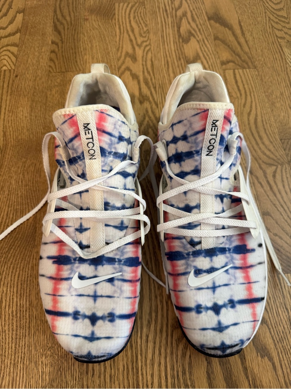 Nike Men’s Tie-Dye Metcon Sneakers in White, Blue & Pink